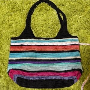 The Sak Crochet Hobo Shoulder Bag in Black and Multicolor Stripes